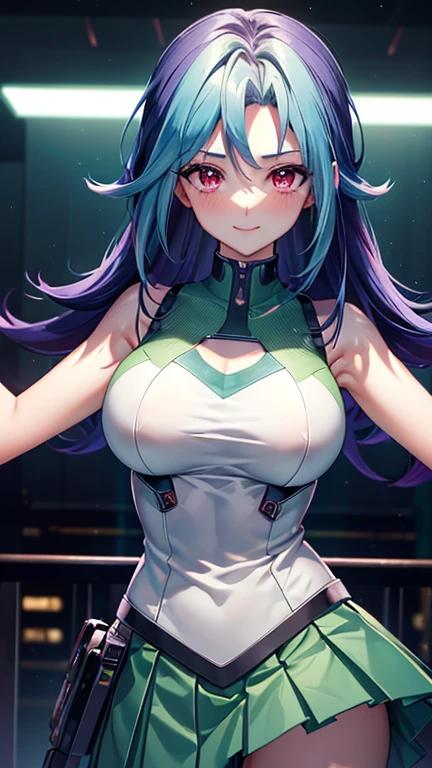 masterpiece, best quality, highres, kr1, multicolored hair, dyed bangs, white shirt, sleeveless, green skirt, pleated skirt,smile,big tits  ,looking at viewer,top view,(standing), bracelet, Cyber city,green neon lights,((perfect face)),perfect body, perfect , high definition,blush,((upper body))