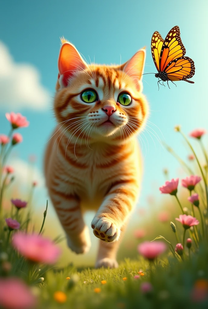 Giant cat chasing monster butterfly