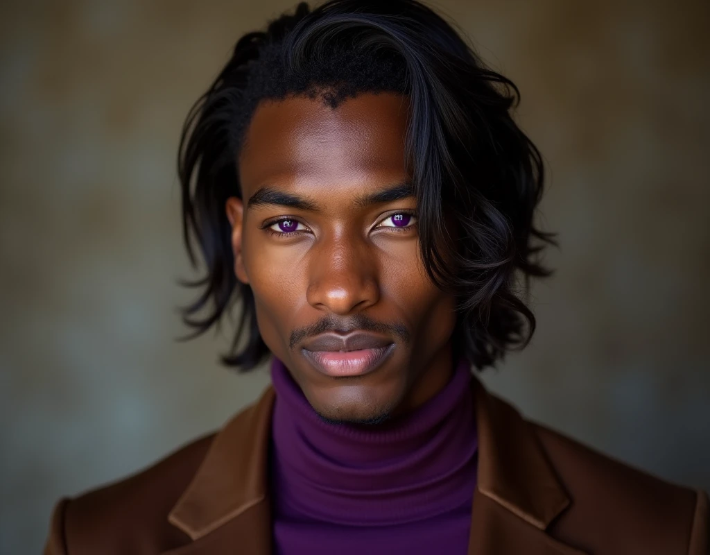 headshot of a very tall French-Nubian featured male model, relaxed waves parted to the side hair, toned body, ebony skin, vibrant purple eyes, tall thin toned body. Kind expression. Wearing brown and purple clothes.