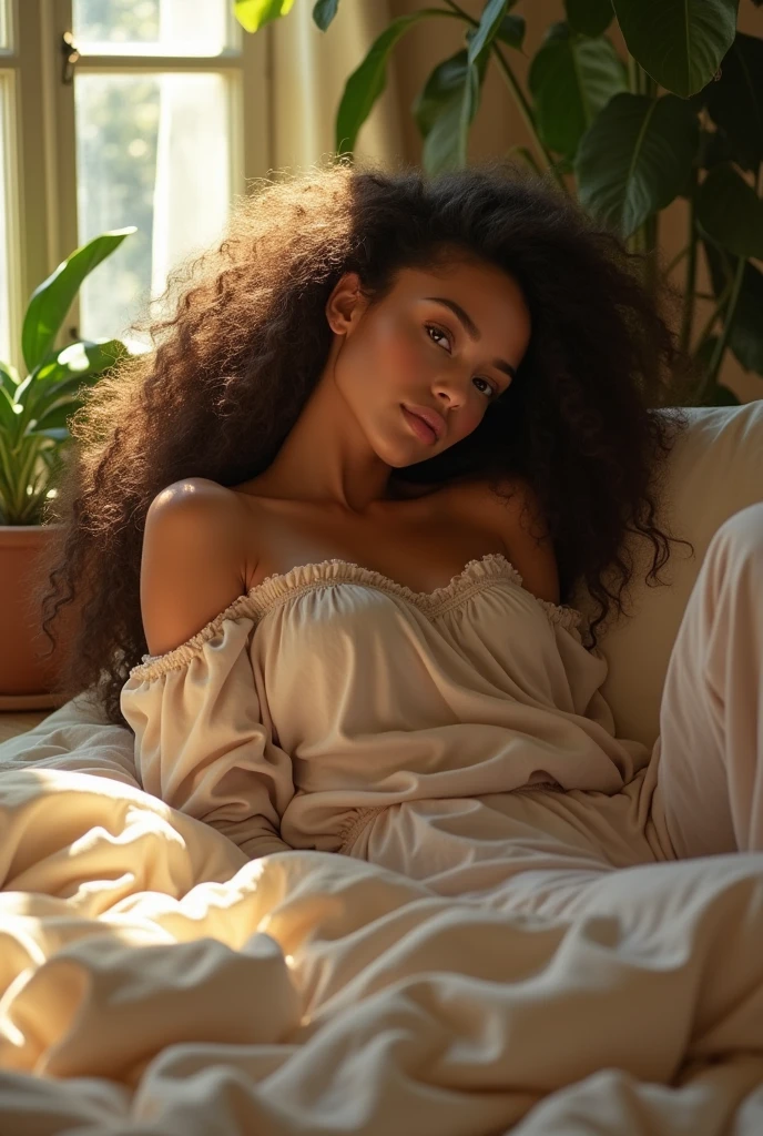 (photorealism:1.2), beautiful woman, sitting on bed, wearing loose off-shoulder top, pajama pants, long curly hair, indoors, soft lighting, plants in background, window with sunlight, cozy room, relaxed pose, realistic, intricate details, warm colors, by Greg Rutkowski, by Alphonse Mucha