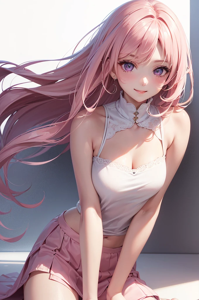 Best Quality,High resolution,8k,(plain white background, no patterns, no textures, just a plain white background:1.3),Masterpiece:1.2),beautiful girl,focus face,(Shiny pink hair),messy hair,Beautiful pink eyes,A tight, long beige skirt,Black sleeveless shirt,Gentle look,A refreshing look,smile,Best quality,Best Quality,Aesthetic and aesthetic:1.2,Best details((Super detailed))(High-definition CG illustrations),Slender body,smile,blush,cute,Scrounge,Looking up,Being spoiled,super model,wariza
