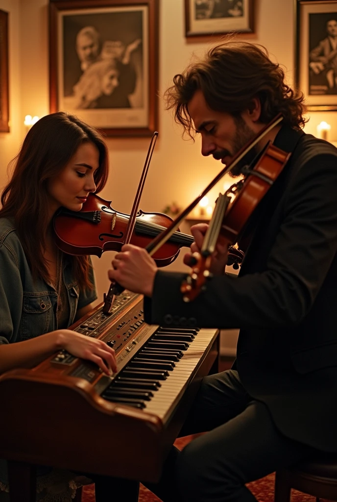 A brunette woman playing an electronic organ, with a man playing violin next to her. 