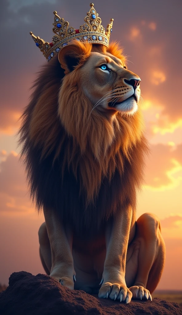 Generate an ultra realistic 8k image of a strong, sturdy, and beautiful lion with blue eyes wearing a king's crown on its head looking at the sky.