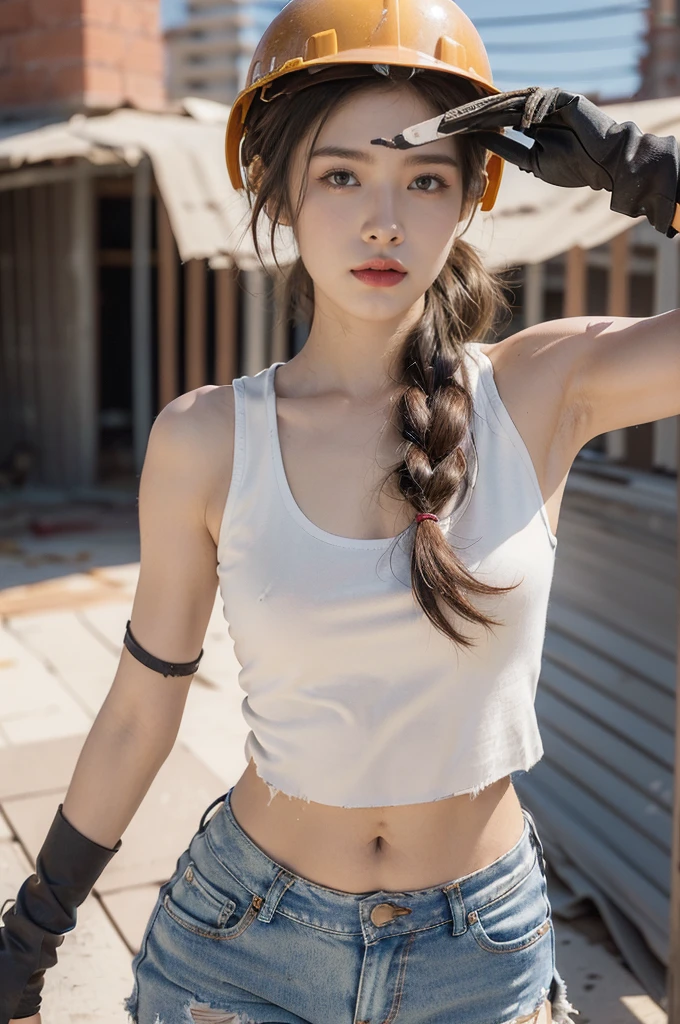 (((best quality))), (((ultra detailed))), (((masterpiece))), illustration,((a beautiful girl,solo)),(hard hat on head:1.3),(short ponytail:1.2),(Brownish red skin:1.3),(flushed cheeks:1.3),((sweat,wet)),((slim,thin)),((small breasts,flat chest)), (dirty torn white tank top:1.3),(navel:1.2),(tattered jeans:1.3),(slender legs:1.2),(standing:1.2),(High altitude construction site:1.3),(on the roof:1.2),(outdoor:1.2),(bricks:1.3),(sturdy gloves:1.3), scorching sun, vibrant city,((cement, dust)), determined hustle, quiet, determined girl, indomitable spirit, human resilience, perseverance, unwavering resolve, back-breaking work, awe, respect, narrative, sacrifice, hard work, unseen heroes, city buildings,((from front,upper body))
