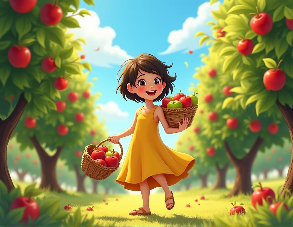 a girl with short dark hair and a basket of apples