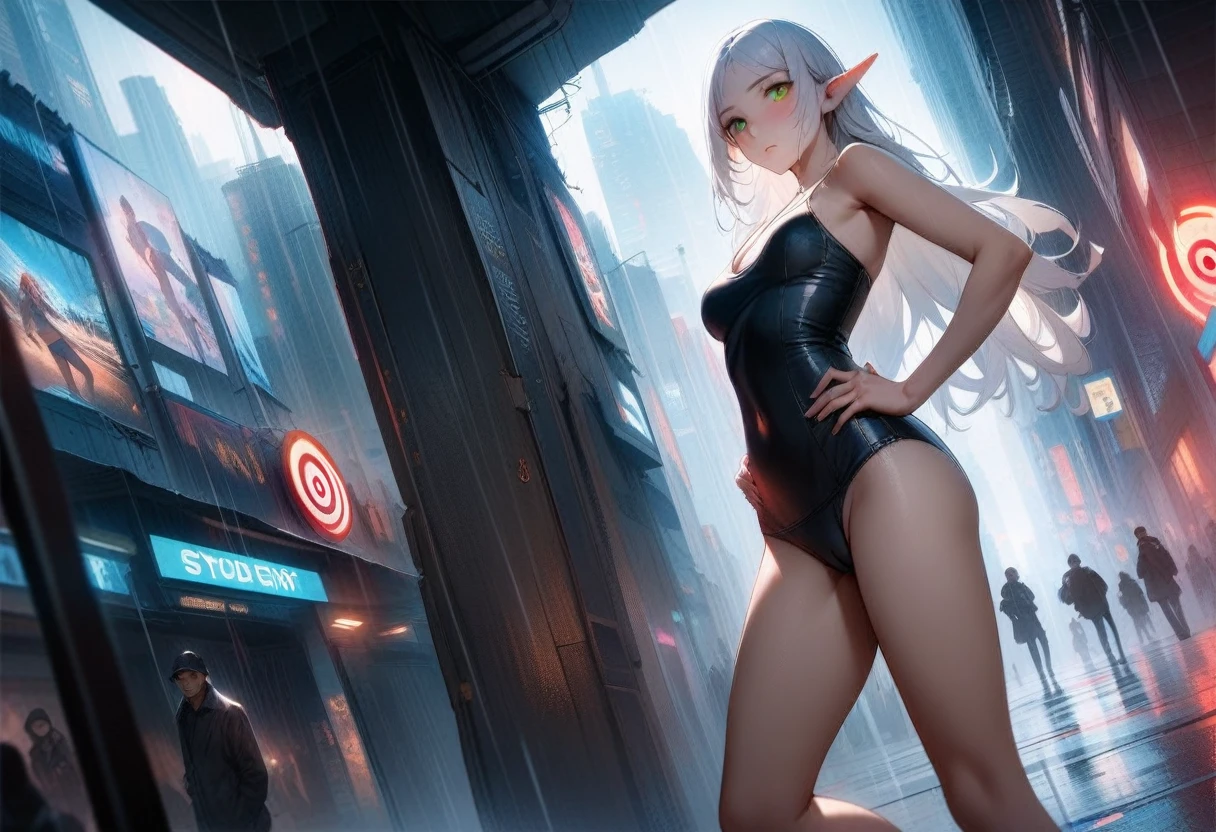  High-key and low-variance brightness levels,Soft Light,Realistic light and shadow,Light and dark intertwined,(Target your audience:1.4),Looking at the audience,dramaticangle,(Solitary:1.6),(masterpiece),(best quality),(high resolution),(By famous artists),(((Official Art))),(author：Paul Hedley),(illustration),1 Girl,(freeze),(Elf),Agent Female,(Medium breasts:1.5),(Camel toe),(whole body),(Round Face),(Pointed ears),(Slender legs),(Standard stature),(Detailed beautiful face),Glowing skin,Glowing skin,(Jointed fingers),Umbilical cord,Stomach,(Swimsuit:1.4),indoor,(Cyberpunk City,Kowloon,rain),(Against the wall),((Poker face)),blush,((permanent)),Hands on Hips,(Green Eyes:1.3),(White hair),Long hair,Double tail,partedbangs,(Reflective hair),(individual)