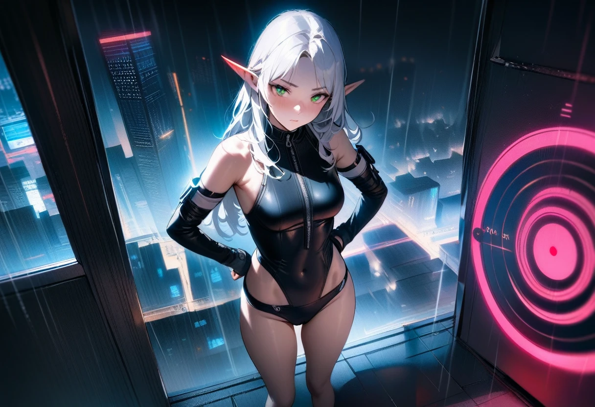 High-key and low-variance brightness levels,Soft Light,Realistic light and shadow,Light and dark intertwined,(Target your audience:1.4),Looking at the audience,dramaticangle,(Solitary:1.6),(masterpiece),(best quality),(high resolution),(By famous artists),(((Official Art))),(author:Paul Hedley),(illustration),1 Girl,(freeze),(Elf),Agent Female,(Medium breasts:1.5),(Camel toe),(whole body),(Round Face),(Pointed ears),(Slender legs),(Standard stature),(Detailed beautiful face),Glowing skin,Glowing skin,(Jointed fingers),Umbilical cord,Stomach,(Swimsuit:1.4),indoor,(Cyberpunk City,Kowloon,rain),(Against the wall),((Poker face)),blush,((permanent)),Hands on Hips,(Green Eyes:1.3),(White hair),Long hair,Double tail,partedbangs,(Reflective hair),(individual)