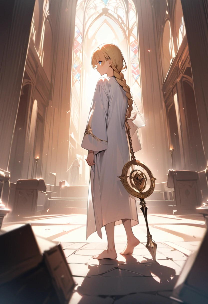 One boy, trap, Blonde, Long single braid down the back, blue eyes, Flat Chest, A somewhat short person, White Robe, barefoot, Very likely, Holding a golden staff, Church Background, Textured skin, Ultra-high resolution, Ultra-high resolution, Ultra-high resolution, Ultra-high resolution, Awards, Attention to detail, Incredible high key lighting and shadows, masterpiece, Great illustrations