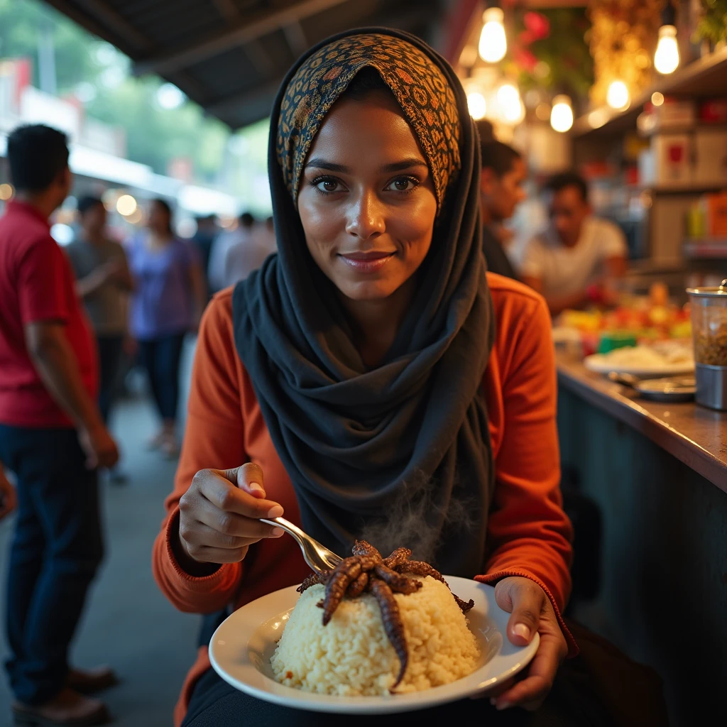 A beautiful Indonesian woman in a headscarf, pakai hoodie dan celana panjang, duduk sambil makan nasi lauk buaya, The stall is crowded with people