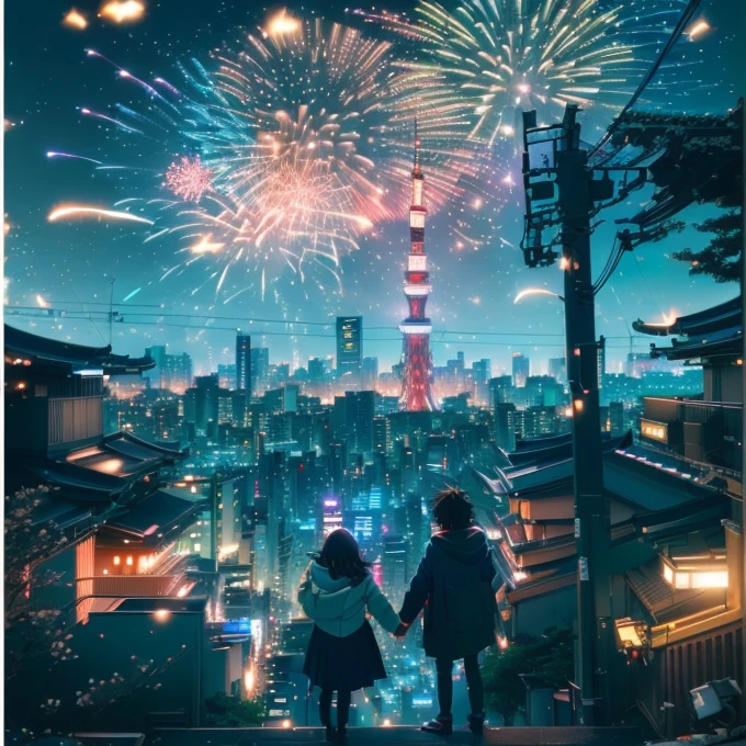two children standing on a ledge looking at fireworks in the sky, [ fireworks in the sky ]!!, tokyo anime scene, brandon woelfel, 8k)), ( ( makoto shinkai ) ), anime style mixed with fujifilm, firework, makoto shinkai cyril rolando, by Yuumei, future!!, beautiful anime scene, ((Tokyo Tower is visible at distance)), ((Tokyo Sky Tree is visible))