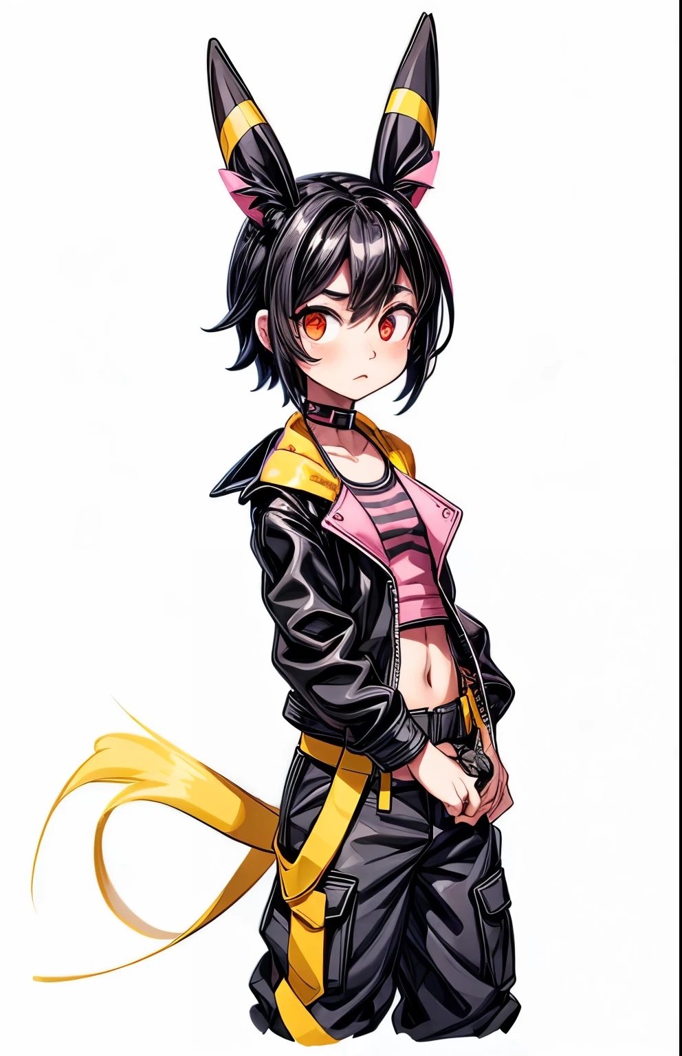 Open black leather jacket, pink top down to the navel, black cargo pantswith yellow stripes on the sides and yellow suspenders hanging down, Umbreon Ears, red eyes, black hair 