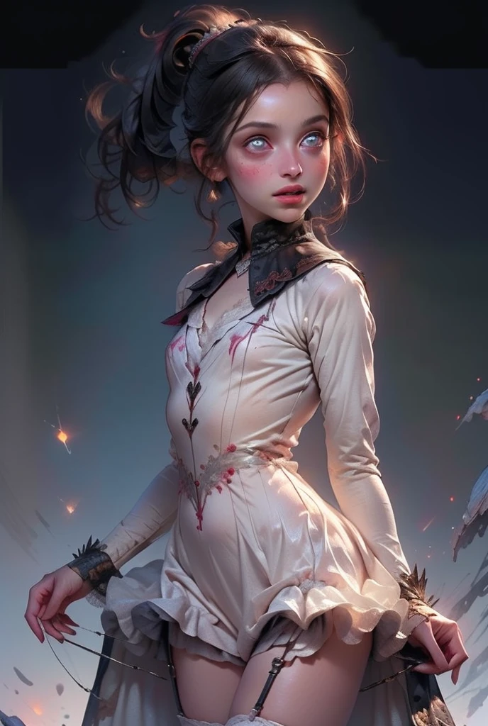 ((best quality)), ((masterpiece)), (detailed), perfect face (((masutepiece, of the highest quality, super detailed))), hand drawn style, hand painted style, watercolour, sketch, a knight, white background, plain background, Bloodborne inspired, tatty Bloodborne attire, occult aesthetic, occult, tatty red and white clothing detailed and intricate steampunk and detailed gothic lolita (with a hood), long coat, Complex laced boots, Fluttering lace flared long knee length dress with frilly petticoats, long dress, knee length dress, pleated petticoats, petticoats gothic lolita aesthetic, beautiful small breasts, (((flat chest:1.1))), (((( Highly detailed face))), small thin nose, Small thin lips mouth, (((Very sharp focused eyes))), Very large slit precision pale grey eyes that shine like jewels. (resolved expression), (resolute expression), ((dark hair)), ((long ponytail, thick ponytail, heavy ponytail)), very long eyelashes, white background, Very dramatic and cinematic lighting, tatty damaged old red and white clothing, full body, whole body, body, cosmic horror, grim dark