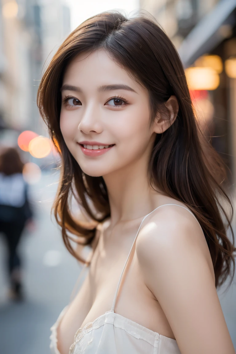 ((Highest quality, 8k, masterpiece :1.3)), 1 person, smile, whole body, Face thinning, Beautiful woman, (Dark brown hair), Completely naked, Highly detailed face, Delicate eyes, double eyelid, Blurred Background, Face thinning, city, External, street,