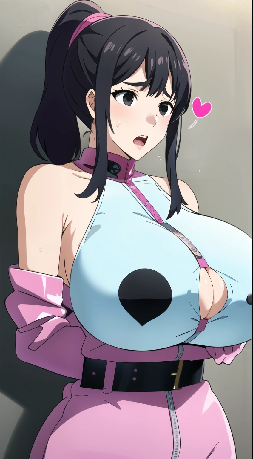 masterpiece, 1 person々, One person々in,10代の若者1 person々, Shiho Suzui - Persona 5 (Shiho Suzui、Lusona 5),Big Breasts , Mature Woman,Sharp eyes, Black Hair,ponytail、Black eyes, Empty Eyes LoRA / Hollow / Hypnotic suggestion,It opens wide vertically..,Sweaty, Pink latex gloves,Pink off-the-shoulder latex suit,pink and black skirt,Pink off-the-shoulder latex,Pink and black latex skirt,Latex shirt,Pink latex off-shoulder shirt,Armpit sweat，、The clothes fit snugly to the body、Latex is very shiny、Dark Room, Thick thighs, Hypnotic Pendulum,Hypnotic state,Hypnotic stateの目,squint,Open your mouth wide and vertically,Sweaty,全身Sweaty,I can see the valley,Steamed, (Huge breasts:1.6),Heart Nipple Sticker