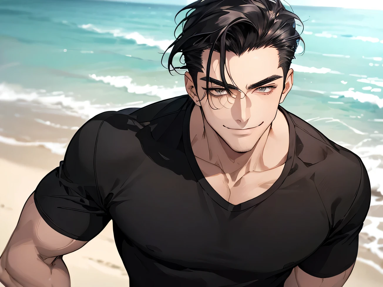 Working Adults.,male,good looking,Cool vibe,I,Black-haired,Raking up,hair slicked back,,Viewer Perspective,Upper Body,Face close-up,Excited,Slim and muscular,smile,Stylish clothes,A tight black T-shirt,Background sea,Beach,(stall)