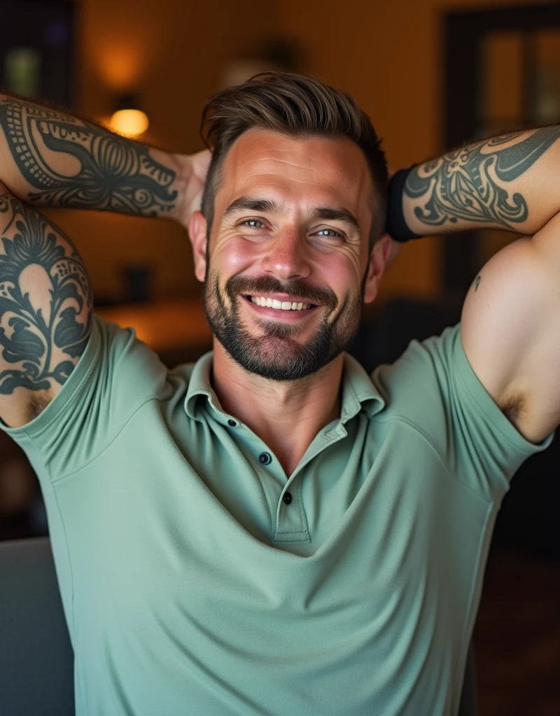 A relaxed, confident man with short, light brown hair and a trimmed beard faces the camera directly, showcasing his muscular, bodybuilder-like physique. He is sitting with his arms raised behind his head, flexing his defined biceps and forearms, which are decorated with intricate tattoos. He wears a tight-fitting light green polo shirt that emphasizes his strong, muscular upper body. His calm and self-assured expression is captured in this high-quality, polished image. The subject's posture and physique suggest a blend of a content creator or Twitch streamer who is also dedicated to fitness and bodybuilding.