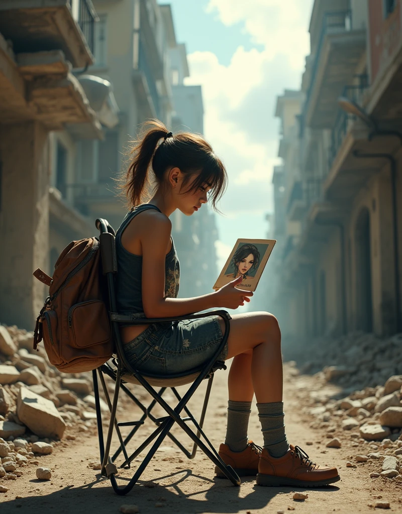 A girl in a dystopian world, looking for haircuts in need, equipped with hair ((scissors:)1.37), a (blow dryer), and a comb, on a mission to clean up the apocalypse with haircuts and styles. She's stylish with dystopian clothing, hair in a ponytail, dirty mismatched shoes, torn and worn pants, and a tattered dirty tank top, sitting in a folding chair with a “Hairdresser!” sign, her backpack patched with duct tape. The desolate background shows broken buildings, a torn street, and sunlight through clouds. She holds a faded photograph of a pre-apocalyptic hairstyle. The image should have ultra 32K HD resolution, 3D effects, and alcohol ink textures, in a fantasy realism style with ultra details.