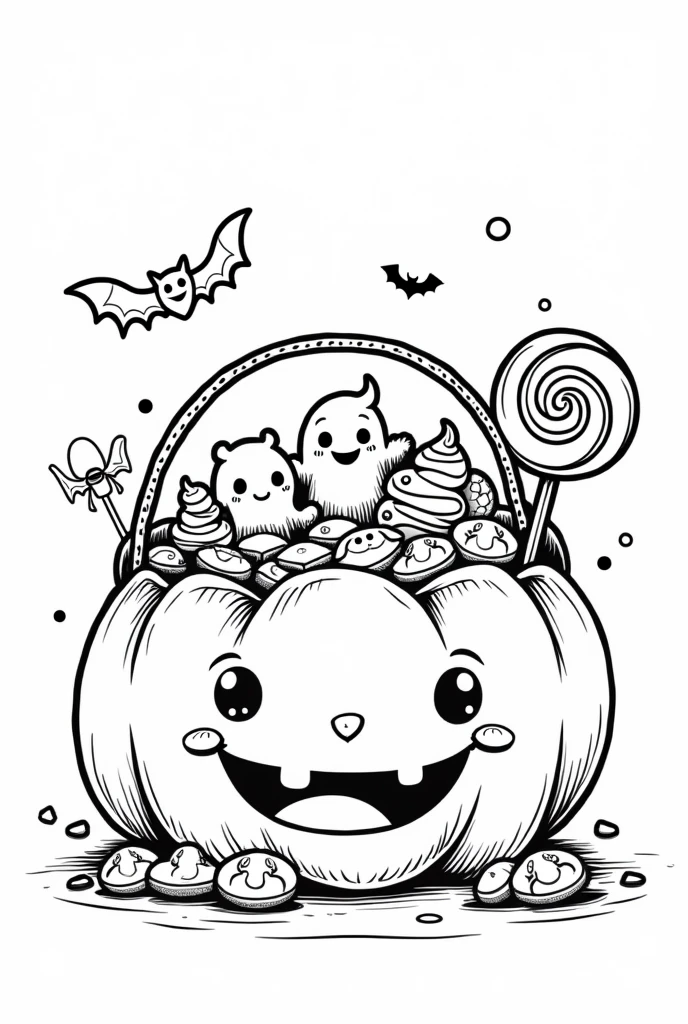 Cute and kawaii halloween candy bucket coloring Page, simple for toddlers, bold and easy, black bold lines White background, for a coloring book black and white, líne art, only outlines, but the design is simple and bold, no greyscale