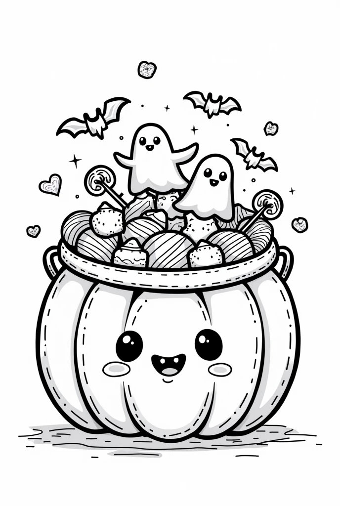 Cute and kawaii halloween candy bucket coloring Page, simple for toddlers, bold and easy, black bold lines White background, for a coloring book black and white, líne art, only outlines, but the design is simple and bold, no greyscale