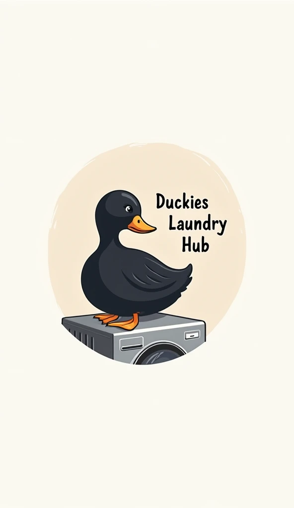 simple logo with black duck sitting above the washing machine, put caption at the right of the picture with "Duckies Laundry Hub"
