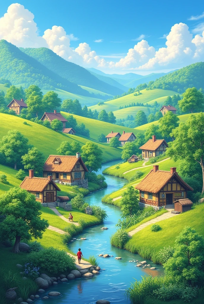 **Village Scene:**
   - **Prompt:** A peaceful, picturesque village with traditional houses, fields, and a river in the background. The scene should depict a harmonious rural setting with lush greenery.