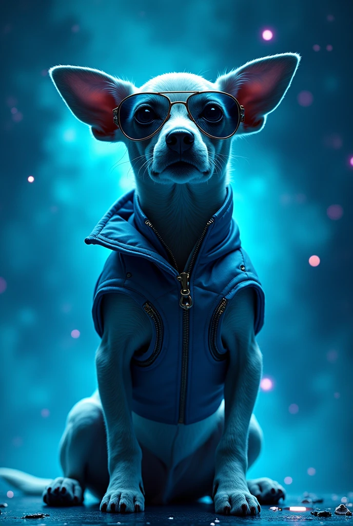 The best cell phone wallpaper, Award-Winning Wallpaper, portrait photography, In the front view is a portrait of a cyborg dog wearing futuristic space age fashion, Side view photo, Shot with Canon EOS R5, Set a strong contrast that accentuates the subject, Fluorescent blue tone, Wearing a very modern coat and sunglasses is a modern 1960s style, Clothes all in one color, beautiful background