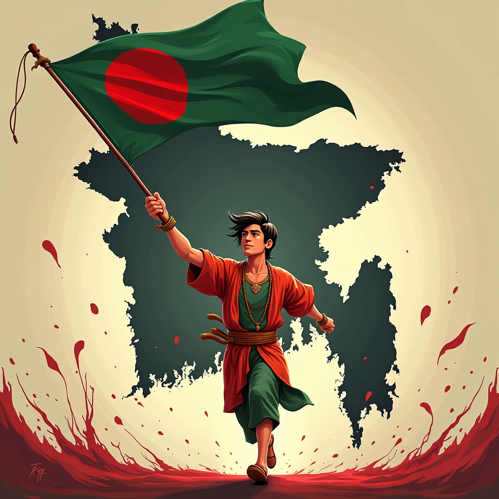 An animation character is running with a Bangladeshi flag in his hand and the image behind him is a blood-stained map of Bangladesh.