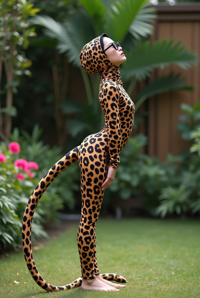 A most beautiful and thin 39 years old chinese contortion girl wearing a black glasses wears clouded leopard Lycra turtleneck unitard catsuit covered with large seamless spots.She has a long clouded leopard tail.She always wear clouded leopard Lycra dancewear hijab-like hood.She has beautiful cheeks on her face.She is take part for contortion performance.She performs contortion in the garden backyard.She is my famous contortionist.