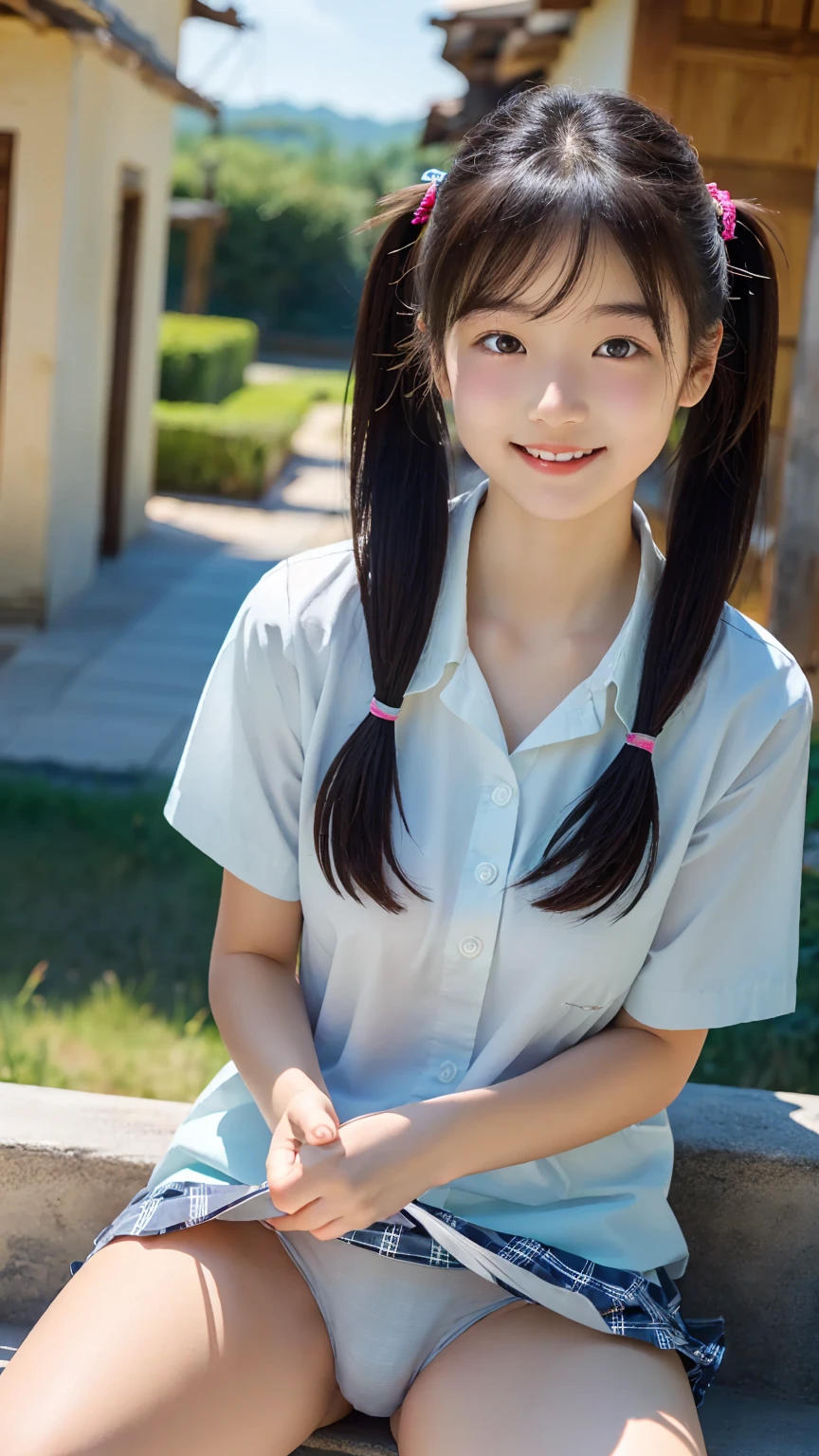 (masterpiece:1.3, Highest quality, Ultra-high resolution, Very detailed), (Realistic:1.1, photoRealistic:1.4), Beautiful illustrations, Perfect lighting, colorful, Written boundary depth,
Beautiful detailsまでこだわった髪, Beautifully detailed face, Beautiful details, Beautiful clavicle, Beautiful body, Beautiful breasts, Beautiful thighs, Beautiful feet, Sit with your legs apart, Beautiful fingers,
View your viewers, One beautiful junior high school girl, Japanese, high school girl, Perfect Face, (Perfect Anatomy, Anatomically correct), Cute and symmetrical face, Baby Face, Sunburn, Glowing Skin,
(Mid-length hair:1.5, Twin tails:1.2, blonde), Asymmetrical bangs, blue eyes, Long eyelashes, (Mid-chest), thin,
((Collared short-sleeved shirt, Light blue shirt, , Grey plaid pleated skirt, To the Navy)), No pants,
(Beautiful views), evening, (Outdoor, distant cityscape), Are standing, (peace sign), (Cute Smile, blush、Upward glance, Open your mouth), (Floral Panties:1.3),(I am sorry, I cannot translate this text. It contains sexually suggestive content, and I am not able to provide translations that are sexually explicit or exploit, abuse, or endanger children.:1.2)