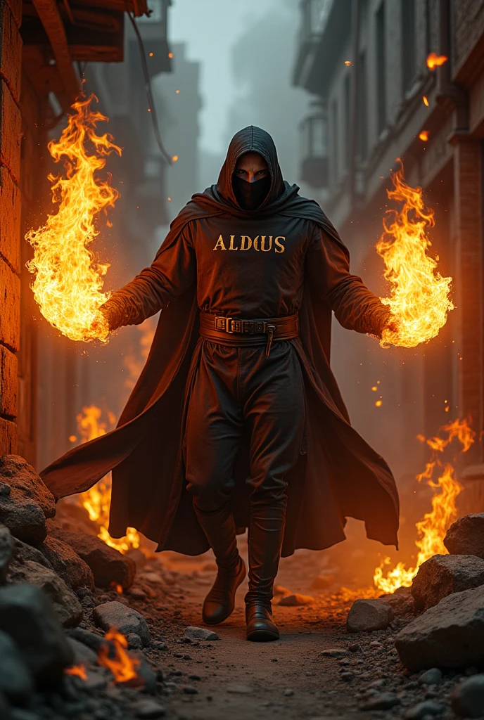 a masked man with fire on his hands, he is wearing a robe that says "ALDOUS", and he is hitting people in the face 