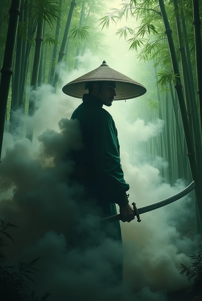 photorealistic of a{warrior's silhouette(silhouette:1.8) wearing bamboo hat in the midst of bamboo forest with massive smoke surrounded}in a stunning fighting pose, draw a sword and pointing forward, intricate detailed, best quality as you can accomplish, skin pores, hyperrealistic, view from above, sky angle shot