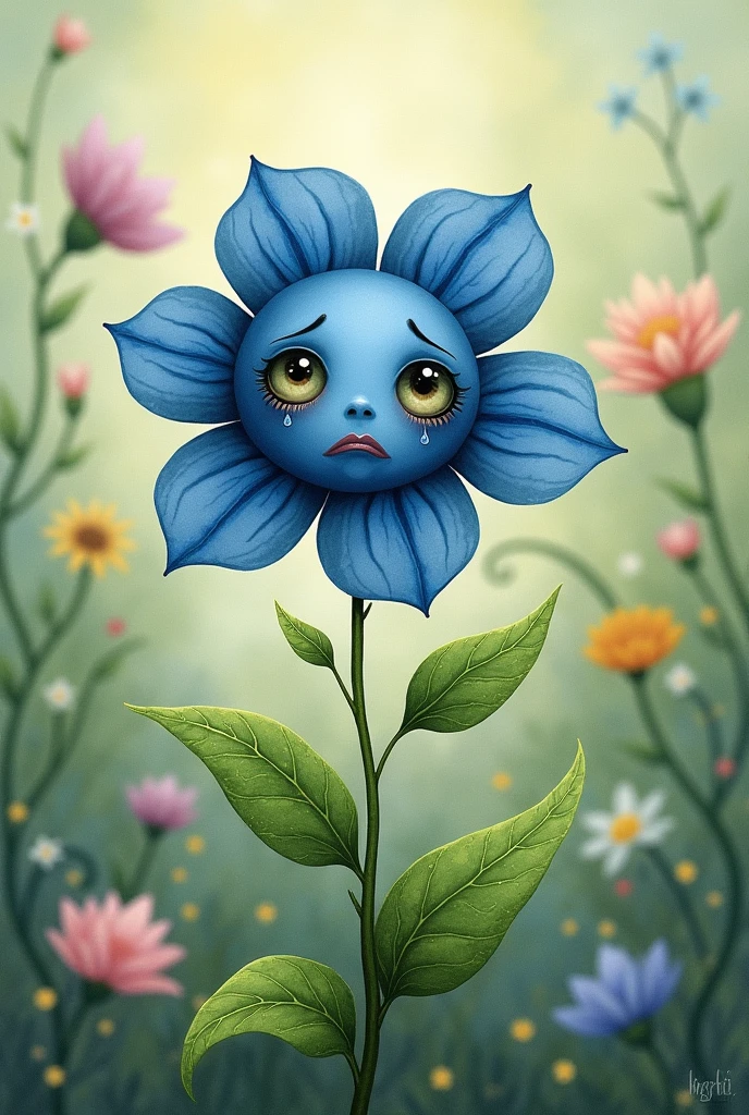 An illustration of a flower with blue petals and a very sad face,em um jardim ,a vintage book style illustration