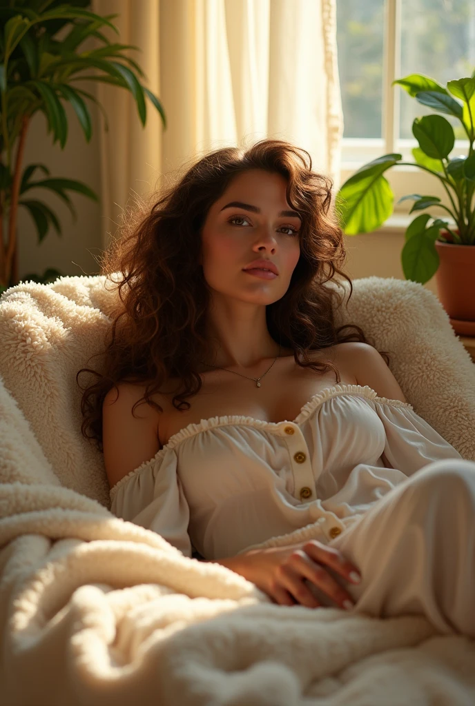 (photorealism:1.2), beautiful woman, sitting on bed, wearing loose off-shoulder top, pajama pants, long curly hair, indoors, soft lighting, plants in background, window with sunlight, cozy room, relaxed pose, realistic, intricate details, warm colors, by Greg Rutkowski, by Alphonse Mucha