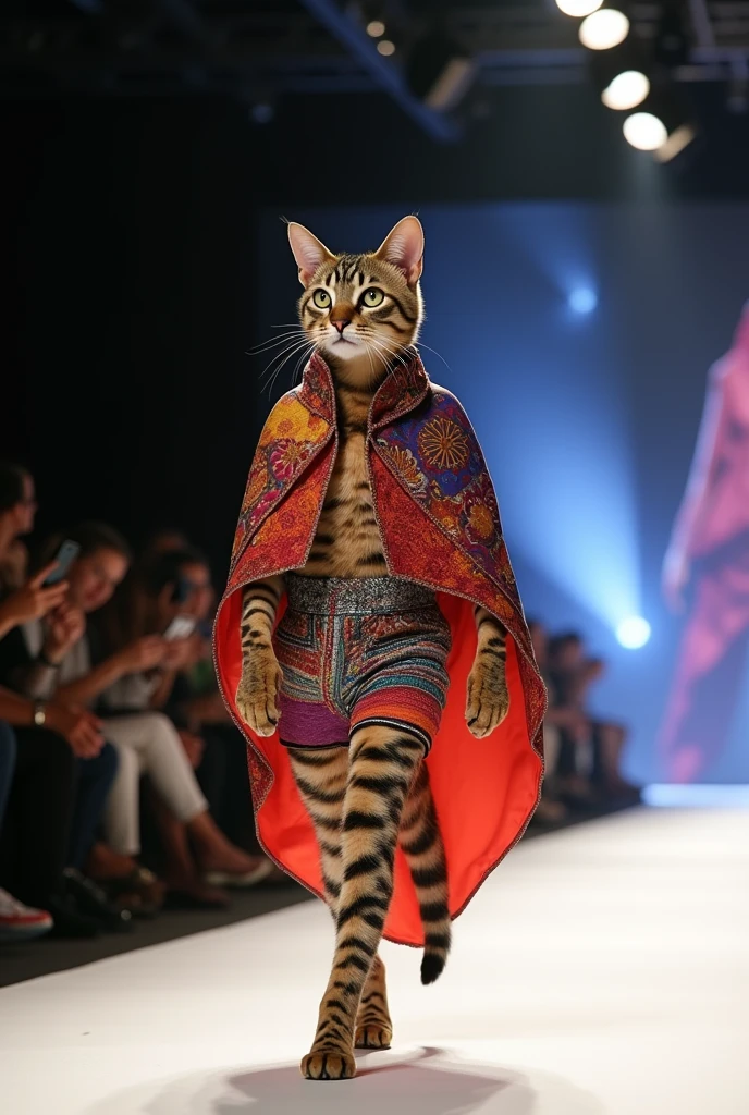 A beautiful cat cloth cutting salting different different rane standup walking down the runaway at a fashion show,