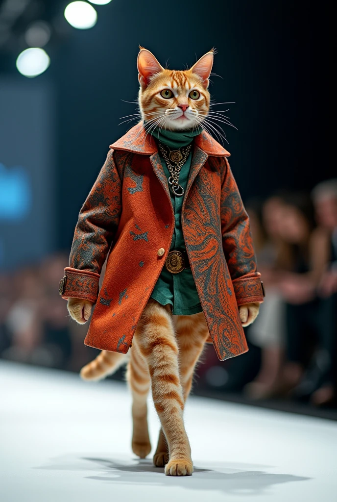 A beautiful cat cloth cutting salting different different rane standup walking down the runaway at a fashion show,  