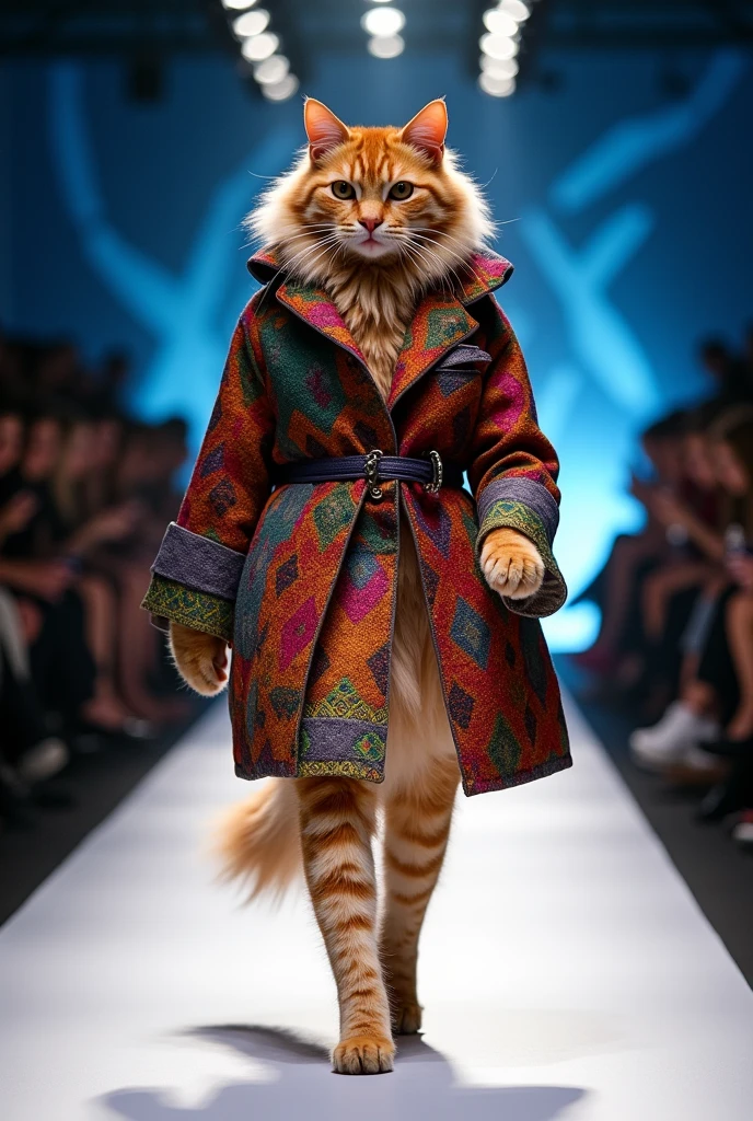 A beautiful cat cloth cutting salting different different rane standup walking down the runaway at a fashion show,