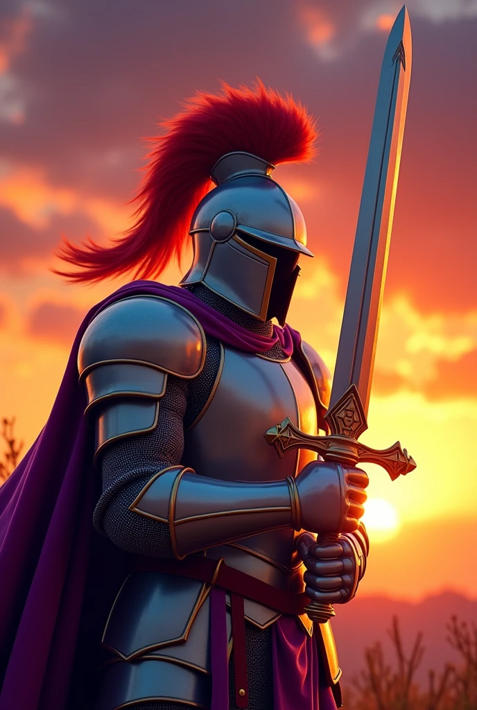 In the dying light of the sunset, a formidable knight stands poised for battle. Clad in gleaming, intricately detailed armor that reflects the fiery hues of the setting sun, his broad shoulders are squared with determination. His helm, adorned with a plume of crimson feathers, casts a stark shadow over his stern, focused gaze. The knight’s sword, a masterpiece of craftsmanship, is drawn and ready, its edge catching the last glimmers of daylight. The horizon burns with shades of orange and purple, providing a dramatic backdrop as he prepares for the impending clash, his every muscle taut with readiness and resolve.make it look like carttoon 