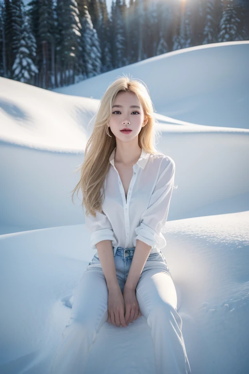 An extremely beautiful Asian model, blonde hair, brown eyes, snow-white skin, bright smile, using high-end cosmetics, wearing a white shirt with embroidered flowers, wearing short jeans ((red)). Professional model pose. The background is a glacier, blue sky, white clouds, white forest under a layer of snow. Cinematic lighting, high detail, 8K, artstation, conceptual art, dark fantasy. Photo taken with Canon EOS R5 85mm f/11 camera, ((sharp)) mode of people and surroundings. Image quality ((8K)), ((realistic)), ((masterpiece)), ((sharpest and highest contrast)), ((excellent depth of field)), ((stereoscopic lighting)), ((angry, ferocious )), detailed pores, ((Direct light on the face)), bright sunlight.