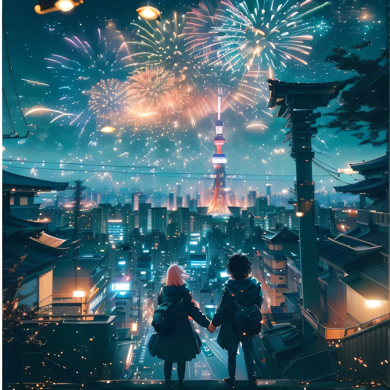 two children standing on a ledge looking at fireworks in the sky, [ fireworks in the sky ]!!, tokyo anime scene, brandon woelfel, 8k)), ( ( makoto shinkai ) ), anime style mixed with fujifilm, firework, makoto shinkai cyril rolando, by Yuumei, future!!, beautiful anime scene, ((Tokyo Tower is visible at distance)), ((Tokyo Sky Tree is visible))