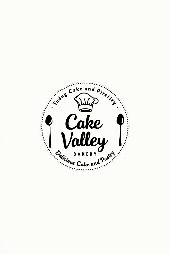 Cake Valley middle name can be text cake valley down the cake valley text write Bakery in small text size and circle In black and white border whole cake valley and Bakery name in inner the circle above cake valley name one black border draw a one chef hat side of Bakery text 2 different type spon and down side and outside the circle gave one more text with clear text and English language  outer of  circle is black and white colors gave the text Delicious cake and pastry English language 
