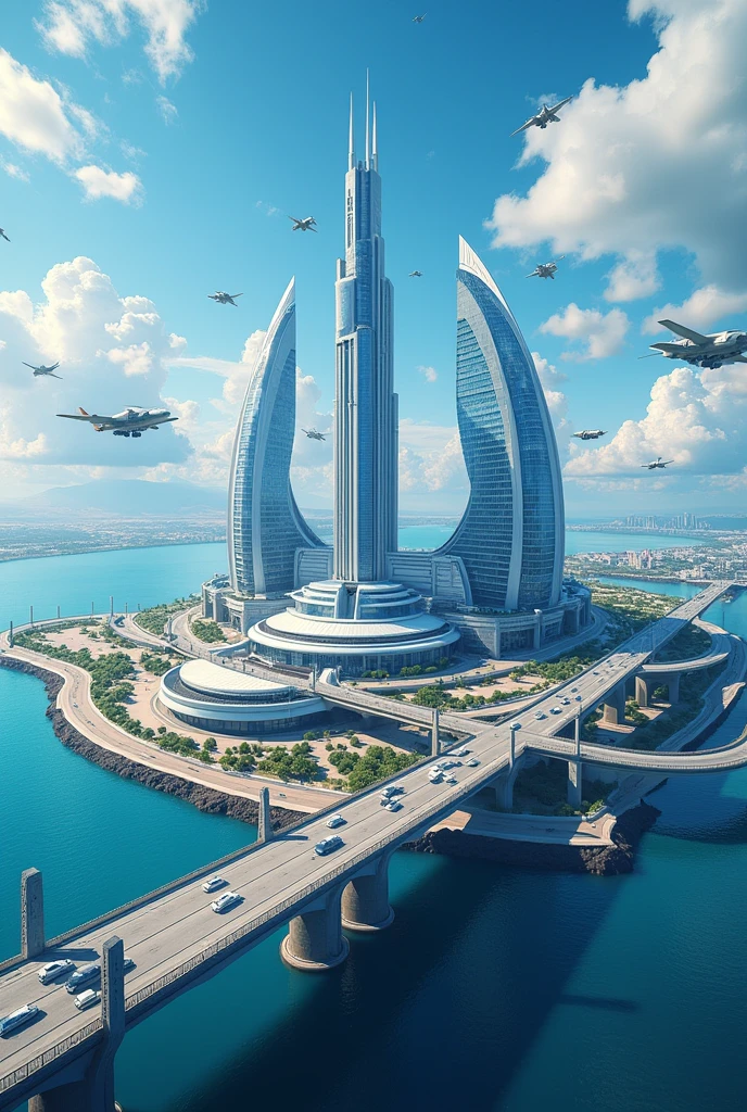 I want to see two big island(square shaped island and a circle shaped island) linked by a big, long, vast/wide bridge(also 
futuristic Titan Legion HeadQuarters with the main color blue and white) with the main building 
in the center of the square shaped island and the circle shaped the titan legion academy by 
the far right of the island, the staff quarters by the far left of the island, 
the titan legion airport with the hangar, the ramp/apron and the taxiway(where titan legion 
aircraft are) by the down left of the island, the titan legion arsenal parallel right to the main 
building, the titan legion motor pool parallel left to the main building(inbetween
the staff quarters and the airport), the training ground by the down left of the 
island(with the arsenal inbetween the training ground and the academy) with roads 
linking each building, with cars also on the road and holographic posters or billboards on the air and
other aircraft flying about 