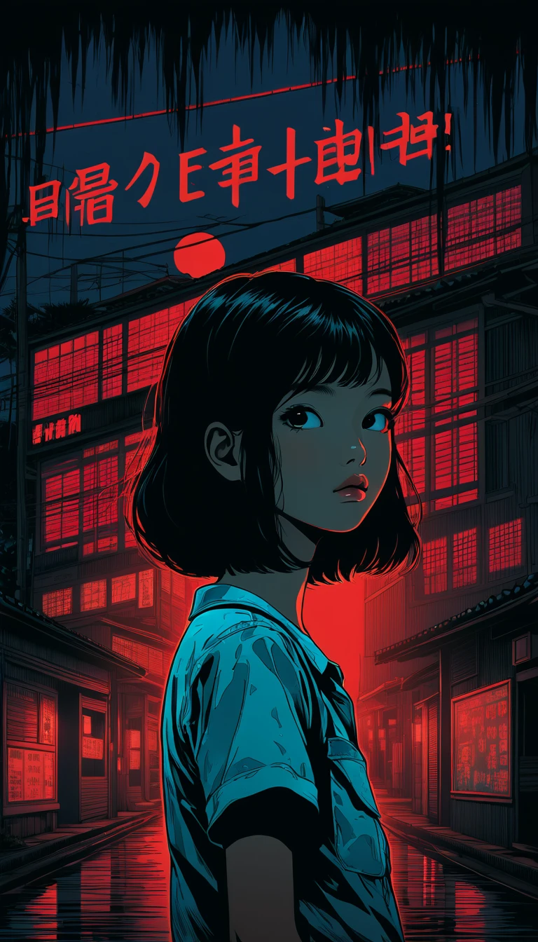 illustration、art、Thai horror movie poster from the 1980s, Supervised by Junji Ito、(TV set:1.2)、nighttime、Attention to details, realistic shadows、analog style, Chromatic aberration, Surrealism、Optional gradient