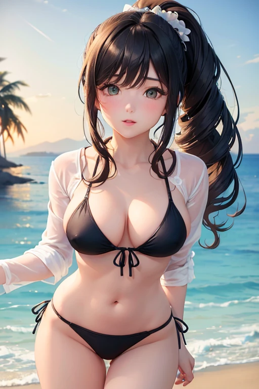 ((Highest quality, 8K, masterpiece :1.3)), ((masterpiece, Highest quality, High resolution, Very detailed),(beautifully、Aesthetically beautiful:1.2), 1 female, Adult, Perfect body, Wavy black hair, Green Eyes, Tie your hair back、She has a beautiful ponytail, Detailed eyes and face, Oversized long shirt, sow off nipples under white shirt, Tight clothing ,bikini, Golden Hour, Beach, Ocean, sand, Palm tree, whole body 