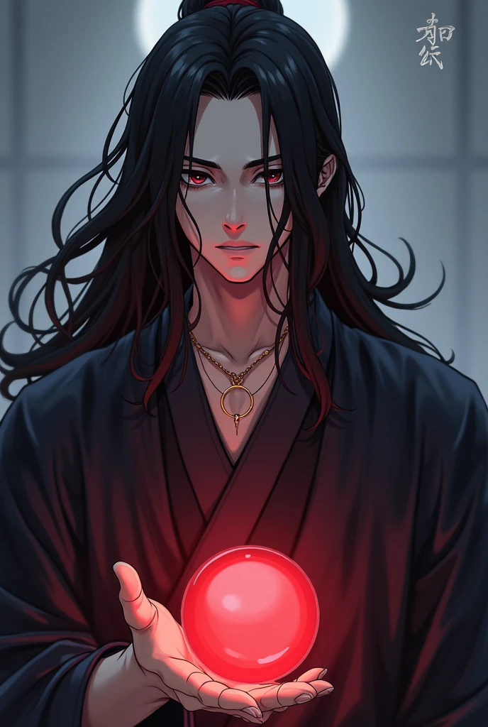 black haired, cold looking man, black eyes, long hair, majestic features, wearing a kimono, holding a glowing red ball of energy in his hand, novel cover.