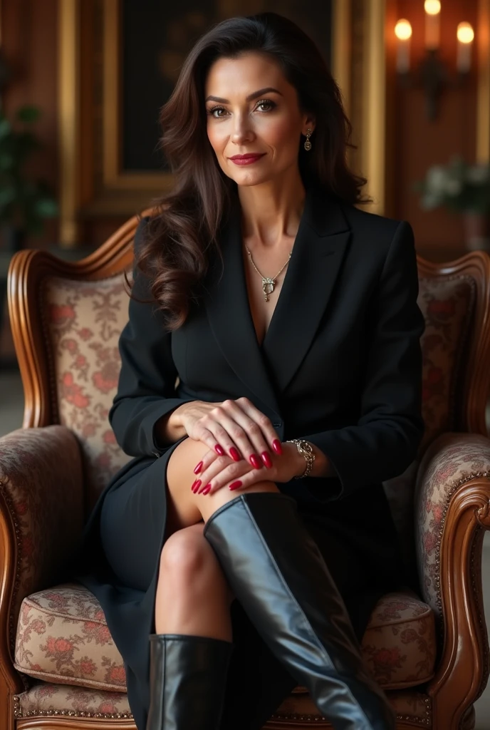 dark brown hair mature 56-year-old aristocratic elegant rich classy lady with long slender fingers and very long red nails and a business costume  and with elegant knee high high small heel boots sits in her huge elegant living room with crossed legs