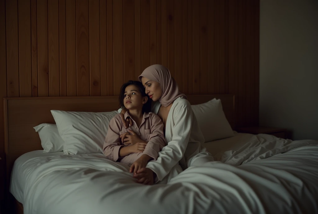 a beautiful Indonesian woman wearing a hijab, slim, 32 years old wearing a robe with the buttons open, visible bra, is having sex with a 14 year old teenage boy on a bed, in a room with wooden plank walls, at night