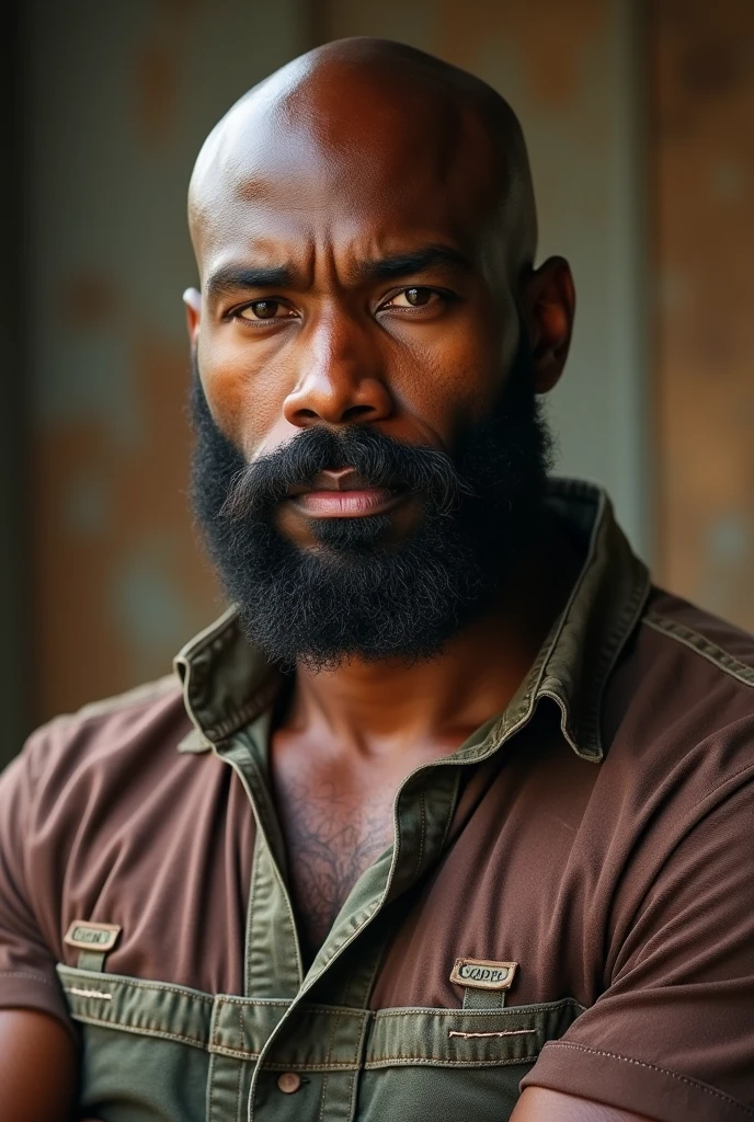 Very High Quality Realistic Detailed Photography Very Best Highest Realistic Quality very Realistic 8KUHD very detailed highly photorealistic very realistic highly detailed closeup portrait photo of a Very Realistic Bald Black African American Sexy Bald Daddy Hairy Bearded Bear Beefy Body Big Hairy Thick Muscle Bear Chubby Beefy Muscle Buff Bodybuilder Muscle Bear Bald Black African American man wearing Farmer Clothes, Farm, 40 years old, very short thick neck, 8K resolution very realistic detailed neck lines, 8K resolution very realistic neck, 8K resolution very realistic detailed neck, 8K resolution very realistic face, 8K resolution very realistic face details, 8k uhd, very high quality, hyper realistic, realistic attention to detail, 8K resolution very Realistic Arms details, 8K resolution very realistic arms, 8K resolution very Realistic Hands details, 8K resolution very realistic hands, 8K resolution very Realistic Fingers details, 8K resolution very realistic finger, 8K resolution very realistic lips details, 8K resolution very realistic lips, and 8K resolution very realistic mouth details, 8K resolution very Realistic Body details, 8K resolution very realistic bellybutton, 8K resolution very realistic eyes, 8K resolution very realistic detailed eyes, 8K resolution very realistic body, 8K resolution very realistic pecs, 8K resolution very real realistic belly, 8K resolution very realistic chest, 8K resolution very realistic African American Beard, 8K resolution very realistic African American Body hair, 8K resolution very realistic skin details, 8K resolution Very Realitic Men's Clothes Details, 8K Resolution Very Realistic Men's Clothes, High Quality Detailed Photoshoot, packed with hidden details, realistic very defined details, Best Realistic Quality, No Merged Arms, 8K very realistic excellent natural good lighting, 8K very realistic surrounding lighting