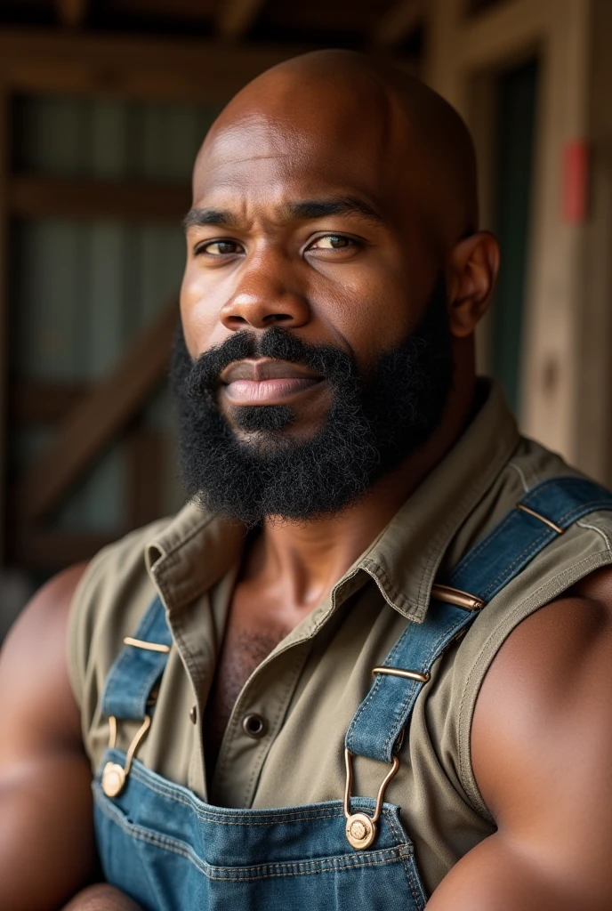 Very High Quality Realistic Detailed Photography Very Best Highest Realistic Quality very Realistic 8KUHD very detailed highly photorealistic very realistic highly detailed closeup portrait photo of a Very Realistic Bald Black African American Sexy Bald Daddy Hairy Bearded Bear Beefy Body Big Hairy Thick Muscle Bear Chubby Beefy Muscle Buff Bodybuilder Muscle Bear Bald Black African American man wearing Farmer Clothes, Farm, 40 years old, very short thick neck, 8K resolution very realistic detailed neck lines, 8K resolution very realistic neck, 8K resolution very realistic detailed neck, 8K resolution very realistic face, 8K resolution very realistic face details, 8k uhd, very high quality, hyper realistic, realistic attention to detail, 8K resolution very Realistic Arms details, 8K resolution very realistic arms, 8K resolution very Realistic Hands details, 8K resolution very realistic hands, 8K resolution very Realistic Fingers details, 8K resolution very realistic finger, 8K resolution very realistic lips details, 8K resolution very realistic lips, and 8K resolution very realistic mouth details, 8K resolution very Realistic Body details, 8K resolution very realistic bellybutton, 8K resolution very realistic eyes, 8K resolution very realistic detailed eyes, 8K resolution very realistic body, 8K resolution very realistic pecs, 8K resolution very real realistic belly, 8K resolution very realistic chest, 8K resolution very realistic African American Beard, 8K resolution very realistic African American Body hair, 8K resolution very realistic skin details, 8K resolution Very Realitic Men's Clothes Details, 8K Resolution Very Realistic Men's Clothes, High Quality Detailed Photoshoot, packed with hidden details, realistic very defined details, Best Realistic Quality, No Merged Arms, 8K very realistic excellent natural good lighting, 8K very realistic surrounding lighting