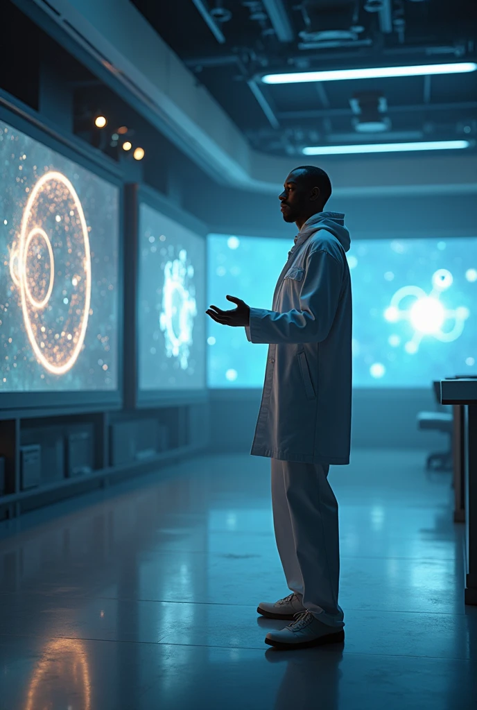 {
"size": "1024x1024",
"prompt": "Neutron, wearing a calm expression, stands beside Proton in the futuristic laboratory. He makes a balancing gesture with both hands, while a detailed holographic display shows protons and neutrons moving together within the nucleus of an atom. The laboratory setting remains consistent with previous panels, emphasizing the peaceful yet crucial role Neutron plays in maintaining the stability of the atom's nucleus. The holographic display should clearly depict the interaction and balance between the protons and neutrons."
}