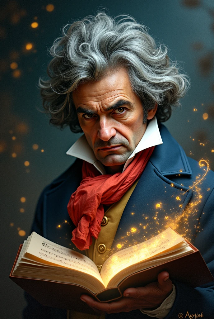 A portrait of Ludwig van Beethoven with a score of the "Ninth Symphony" or musical elements associated with the work.